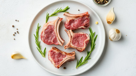 A high-angle shot of raw lamb chops arranged on a clean white plate, with rosemary sprigs and garlic cloves adding a touch of natural decorationの素材