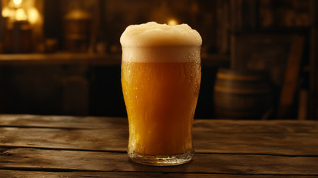 A close-up of a frosty pint glass filled with golden lager, topped with a thick, creamy head, set against a rustic wooden table with soft lightingの素材