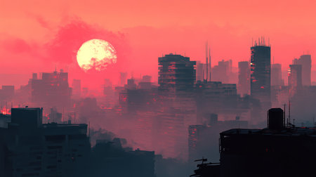 A city skyline shrouded in a thick, orange haze from wildfire smoke, with a glowing, red sun barely visible through the polluted atmosphereの素材