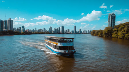 A captivating image of a river ferry crossing a body of water, with the city skyline in the background, representing a unique mode of urban transportationの素材
