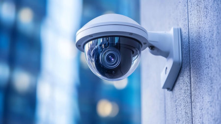 A high-angle shot of a modern white CCTV camera mounted on a gray concrete wall, blending into the urban environment with clean, sharp linesの素材