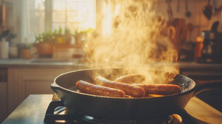 A dramatic shot of sausages being cooked in a cast-iron skillet, with sizzling sounds and smoke creating an inviting atmosphere in a cozy kitchenの素材