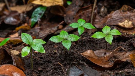 A close-up of small green saplings growing in dark, rich soil, surrounded by fallen leaves, symbolizing the start of a reforestation effortの素材