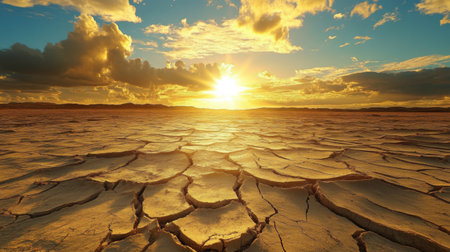 A cracked, dry earth landscape under a harsh sun, with deep fissures running through the soil, representing the impact of global warming on natural environmentsの素材