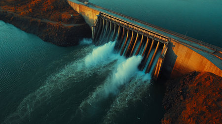 A dramatic shot of a dam at full capacity, with water flowing vigorously over the spillway, creating a powerful and dynamic sceneの素材