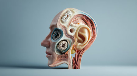 A cross-section of the human ear anatomy, showing the inner ear structure with detailed cochlea and auditory nerves, isolated on a simple backgroundの素材