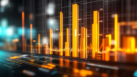 A dynamic D bar chart with translucent bars in different heights, hovering over a futuristic financial dashboard with glowing elementsの素材