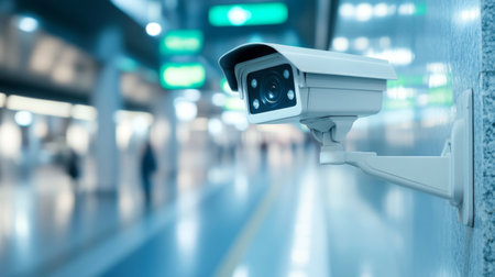 A close-up of a motion-detecting CCTV camera on the side of a public transportation station, with minimalistic design and clean surroundingsの素材