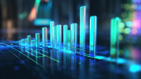 A futuristic bar graph with transparent bars glowing in shades of blue and green, hovering above a reflective surface, symbolizing financial trendsの素材