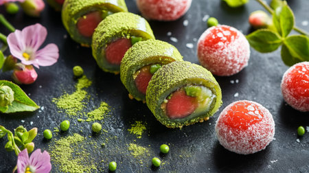 A high-angle view of a sliced daifuku revealing its vibrant filling, surrounded by scattered matcha powder and edible flowers for an elegant touchの素材