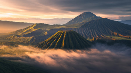 A breathtaking mountain landscape with rolling hills covered in mist during sunrise.の素材