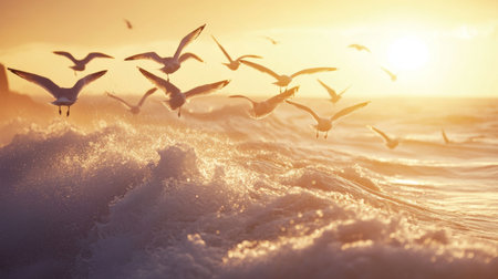 A flock of seagulls flying over the waves, illuminated by the warm glow of the setting sun.の素材