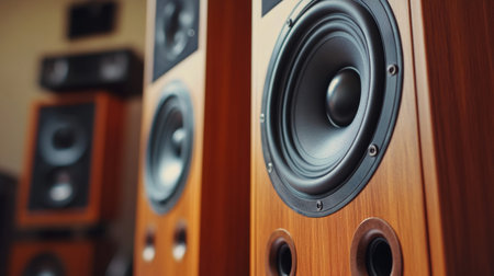 A close-up of a high-quality audio speaker setup in a modern living room, showcasing sleek design and rich sound, creating an inviting atmosphere for music lovers.の素材