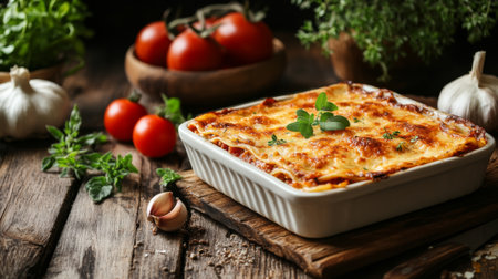 A rustic kitchen scene with a freshly baked lasagna on a wooden table, surrounded by ingredients like tomatoes, herbs, and garlic, showcasing the essence of homemade cooking.の素材