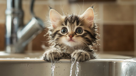 A cute, drenched kitten sitting in a sink with a gentle stream of water flowing, its tiny paws resting on the edge.の素材
