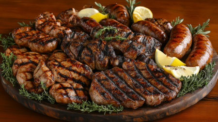 A beautifully arranged platter of assorted grilled meats, including juicy steaks, tender chicken, and flavorful sausages, garnished with fresh herbs and lemon wedges.の素材