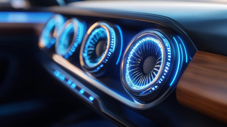 A futuristic D car audio system with glowing speaker cones, integrated seamlessly into the dashboard, set in a modern, luxury car interiorの素材