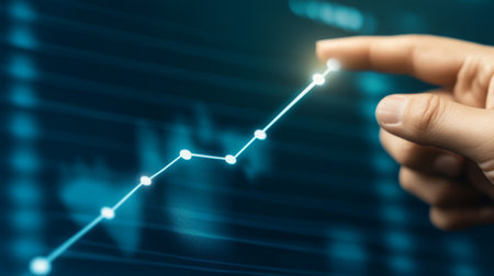 A close-up of a hand pointing at a business chart on a digital screen, highlighting stock growth with a line graph moving upwards.の素材