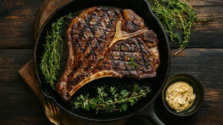 A rustic table setting with a grilled T-bone steak served on a cast-iron skillet, accompanied by a side of garlic butter and fresh herbs.の素材