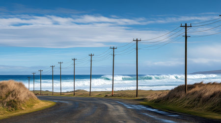 A dynamic image of electricity poles along a coastal road, with waves crashing in the background and a bright blue sky overhead, evoking a sense of freedomの素材