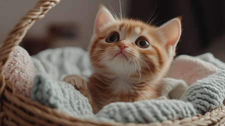 A chubby kitten sitting in a basket filled with soft blankets, looking up with big, curious eyes and a playful expression.の素材