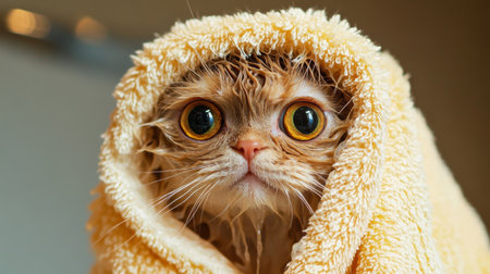 A wet cat wrapped in a fluffy towel after a bath, its big eyes peeking out with a mix of relief and confusion.の素材