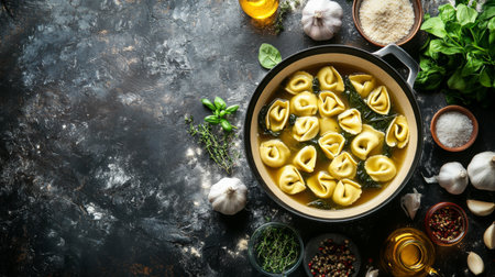 A cozy kitchen scene with a pot of tortellini simmering in broth, surrounded by fresh ingredients like garlic, spinach, and herbs, showcasing a comforting home-cooked meal.の素材