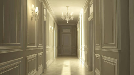An elegant hallway adorned with classic wainscoting, a vintage chandelier hanging from the ceiling, and soft pastel colors creating a sophisticated ambianceの素材