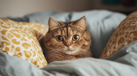 A chubby cat resting in a cozy bed, with its big, adorable eyes staring directly at the camera, surrounded by soft pillows.の素材
