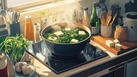 A cozy kitchen scene with a pot of seaweed soup simmering on the stove, surrounded by fresh ingredients like garlic, tofu, and scallions, ready for a delicious meal.の素材
