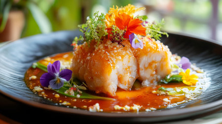 A gourmet presentation of  on an elegant plate, garnished with edible flowers and microgreens, showcasing a modern twist on this traditional Thai favorite.の素材