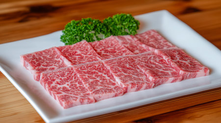 A close-up of marbled beef steak slices on a clean white plate, with a focus on the rich texture and fat marbling, set against a rustic wooden tableの素材
