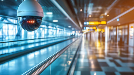 A futuristic-looking CCTV camera mounted on the ceiling of an airport terminal, capturing a sleek, empty walkway with metallic tones and modern designの素材