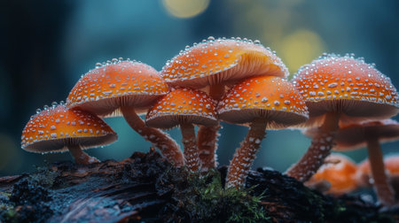 A group of mushrooms on a log, each topped with glistening dew droplets, captured in soft morning light filtering through the treesの素材