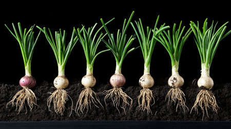 A dramatic shot of shallots being harvested from the soil, with dirt clinging to their roots and green tops, showcasing the farm-to-table conceptの素材