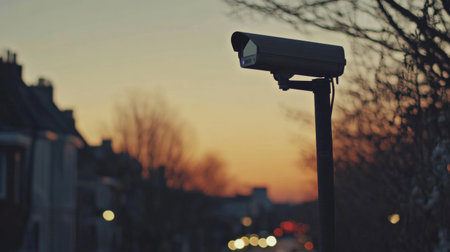 An outdoor bullet CCTV camera on a tall pole overlooking a quiet street at dusk, with a soft orange sky in the backgroundの素材