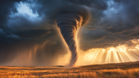 A dramatic scene of a tornado against a stormy sky, with a contrast of dark clouds and rays of sunlight breaking through, illuminating the landscape belowの素材