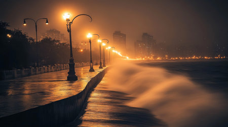 A stunning view of a coastal road at night, with waves crashing against the shore, illuminated by street lamps and the glow of distant city lights in the backgroundの素材
