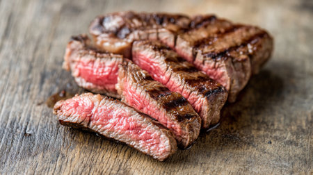 A juicy, perfectly cooked steak sliced into pieces, with grill marks and a pink center visible, placed on a simple wooden surfaceの素材