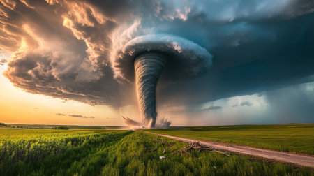 A wide shot of a tornado in motion, with visible rotation and debris, framed by a contrasting blue sky and vibrant green fields belowの素材