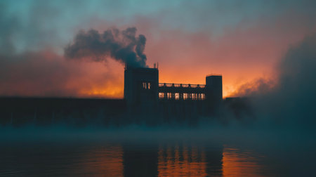 A view of a dam during the early morning hours, with mist rising from the water and the structure silhouetted against a soft, colorful skyの素材