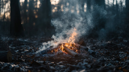Wisps of light smoke escaping from a campfire surrounded by charred wood, set in a peaceful forest clearing with soft, natural tonesの素材