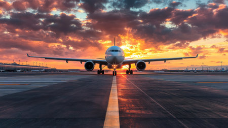 A striking view of an international airport runway at sunset, with an airplane preparing for takeoff, symbolizing global connectivity through air travelの素材