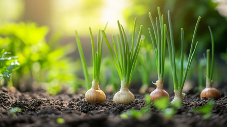 A serene image of shallots growing in a garden bed, with vibrant green leaves surrounding them, showcasing the beauty of fresh produce in its natural habitatの素材