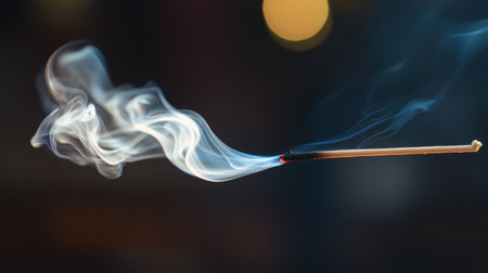 A shot of white smoke rising from a burning incense stick, with the thin line of smoke creating elegant curves against a dark, blurred backgroundの素材