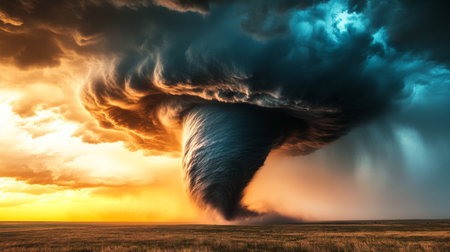 A wide-angle shot of a tornado in the distance, with dramatic storm clouds rolling in and a vibrant sunset casting light on the turbulent sceneの素材