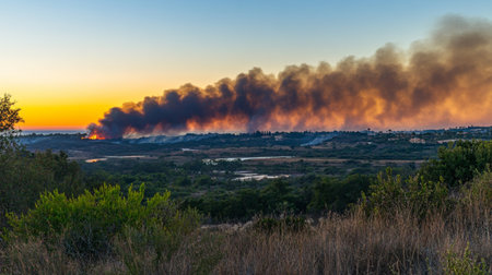 Thick black smoke rising into the air from a distant wildfire, blurring the horizon and creating a dramatic, unsettling contrast against the clear skyの素材