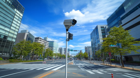 A wide-angle view of a CCTV camera on a pole near an empty intersection in a quiet business district, with minimal traffic and modern buildings in the backgroundの素材