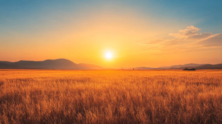 A vast expanse of scorched, brown grass under an intense, cloudless sky, symbolizing drought and the impact of global warming on agricultural landsの素材