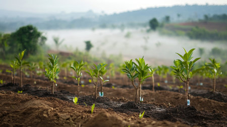 Newly planted rows of saplings on a hillside, with a soft morning mist hovering over the landscape, symbolizing the rejuvenation of deforested landの素材